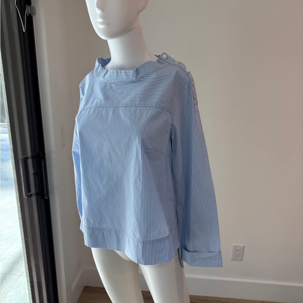 J. Crew Blue Long Sleeve Blouse with Crew Neck and Bib Collar